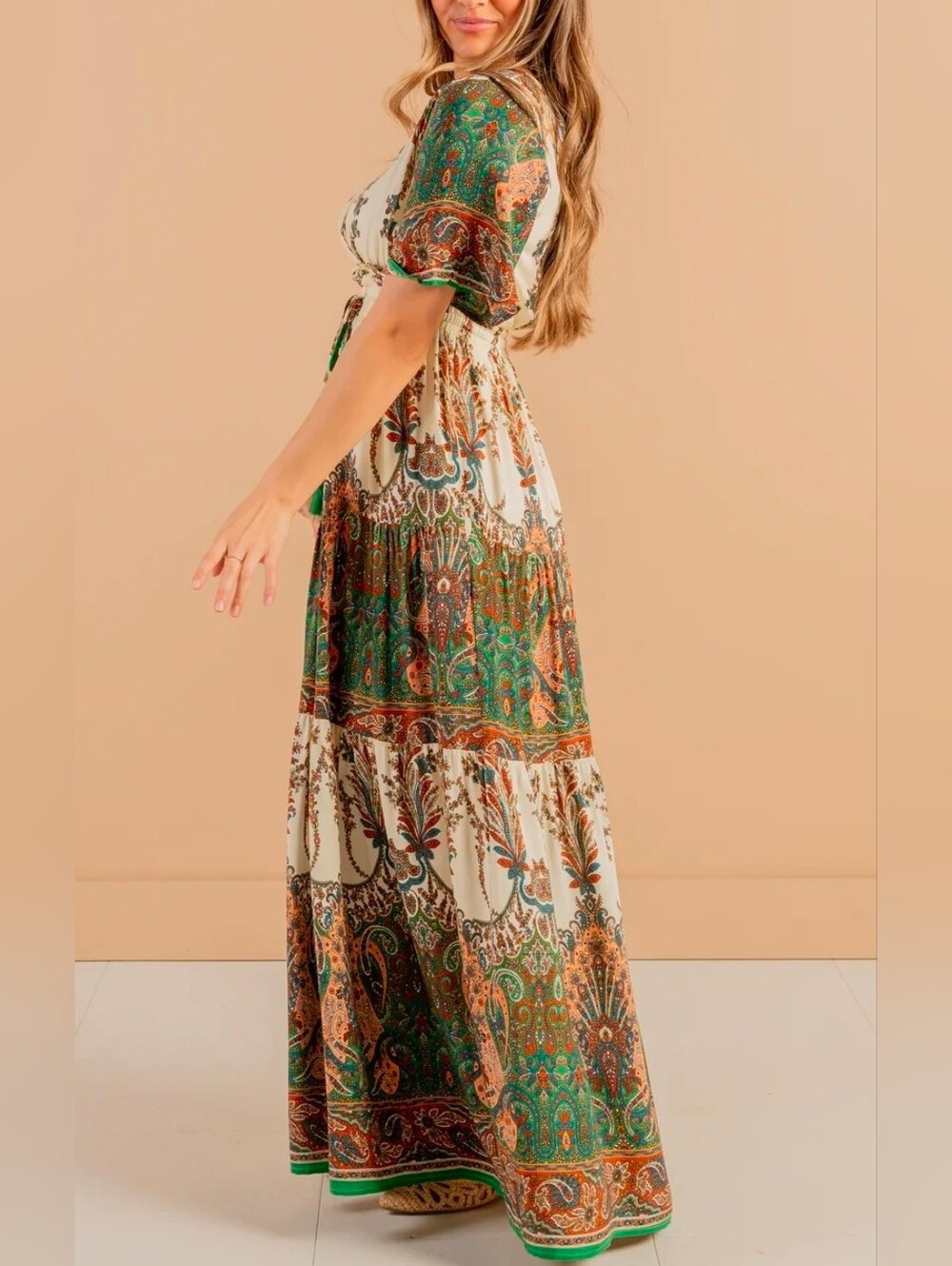 Easel Boho Tiered Maxi Dress Green Forest Fairy Flutter Sleeve Sz S Whimsigoth